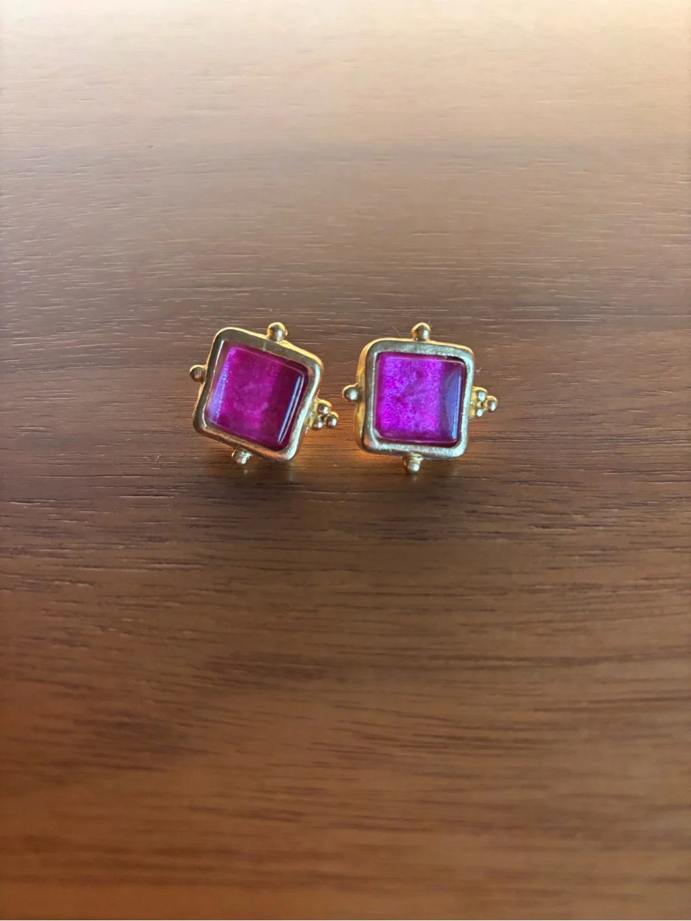 Susan Shaw Gold Square Pink Glass Stud Earrings